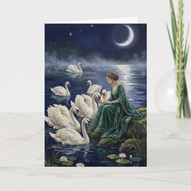 Celtic Swans Moonlit Lake Night Fantasy Art Card (Front)