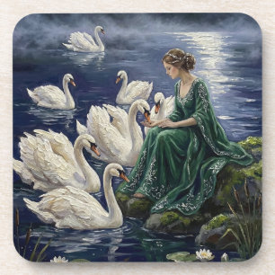 Celtic Swans Moonlit Lake Night Fantasy Art Coaster