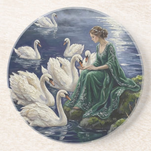 Celtic Swans Moonlit Lake Night Fantasy Art Coaster