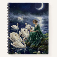 Celtic Swans Moonlit Lake Night Fantasy Art