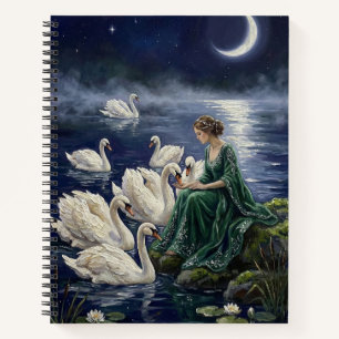 Celtic Swans Moonlit Lake Night Fantasy Art Notebook