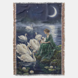 Celtic Swans Moonlit Lake Night Fantasy Art Throw Blanket