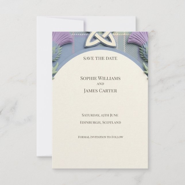 Celtic Tartan Thistle Save the Date Card (Front)