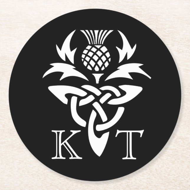 Celtic Thistle Initials - Black & White Round Paper Coaster (Front)