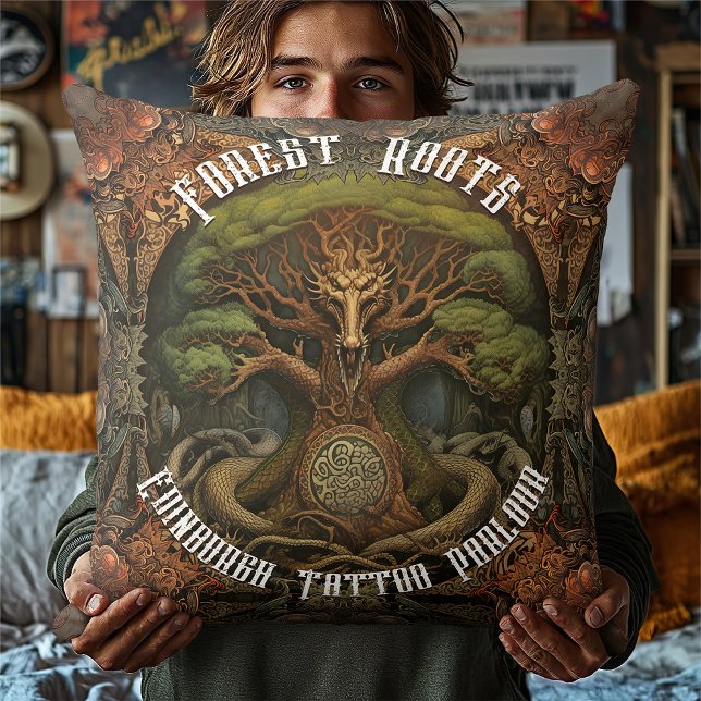 Celtic Tree Dragon - AI Art Generated Tattoo Art Throw Pillow (Creator Uploaded)