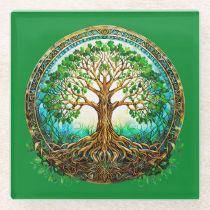 Celtic Tree of Life in Emerald Green Glass Coaster