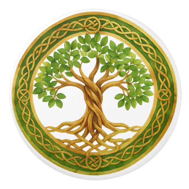 Celtic Tree of Life with Green and Gold Accents Ceramic Knob (Front)