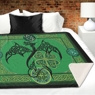 Celtic Tribal Dragon Irish Emerald Green Knotwork Sherpa Blanket