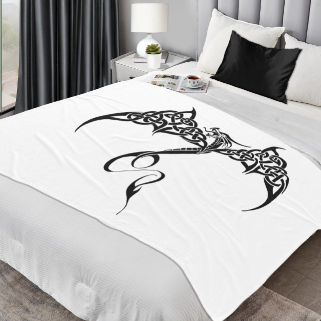 Celtic Tribal Dragon Knotwork Black White Fantasy Fleece Blanket (Creator Uploaded)