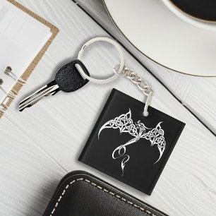 Celtic Tribal Dragon Knotwork Black White Fantasy Keychain