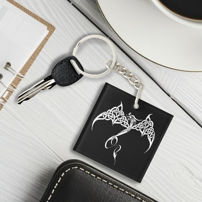 Celtic Tribal Dragon Knotwork Black White Fantasy Keychain (Creator Uploaded)
