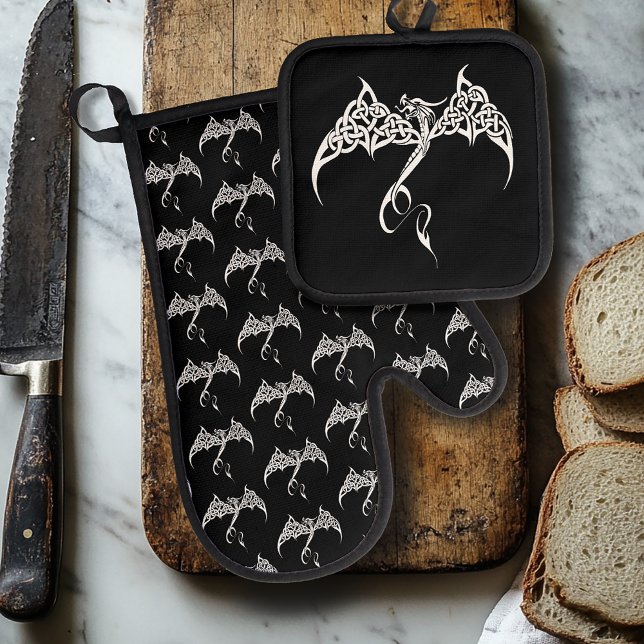 Celtic Tribal Dragon Knotwork Black White Fantasy Oven Mitt & Pot Holder Set (Creator Uploaded)