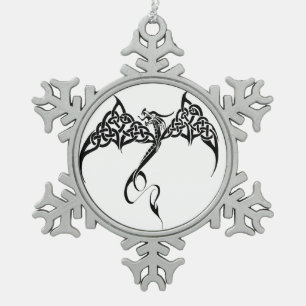 Celtic Tribal Dragon Knotwork Black White Fantasy Snowflake Pewter Christmas Ornament