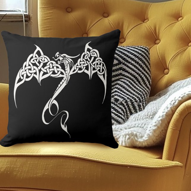 Celtic Tribal Dragon Knotwork Black White Fantasy Throw Pillow (Creator Uploaded)