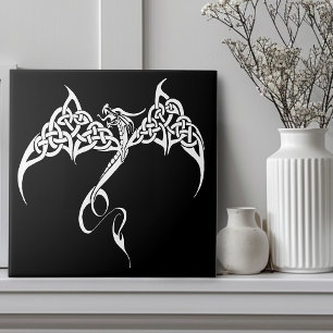Celtic Tribal Dragon Knotwork Black White Fantasy Tile