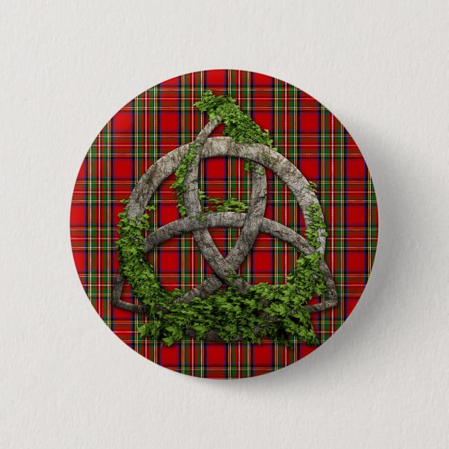 Celtic Trinity Knot And Clan Stewart Tartan 2 Inch Round Button (Front)