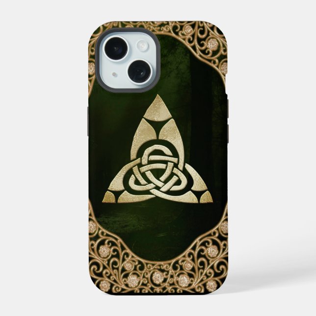 Celtic Trinity Knot on Forest Shadows  iPhone 15 Case (Back)