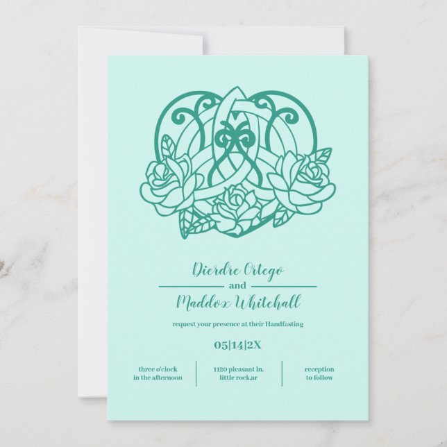 Celtic Triquetra Heart Knot Flora Teal Handfasting Invitation (Front)