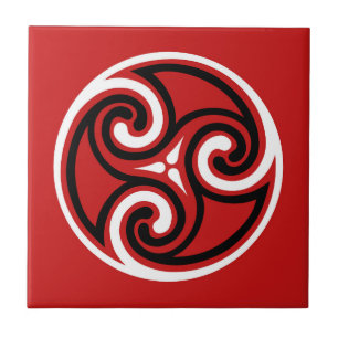 Celtic Triskele Ornament, Red, Black and White  Tile