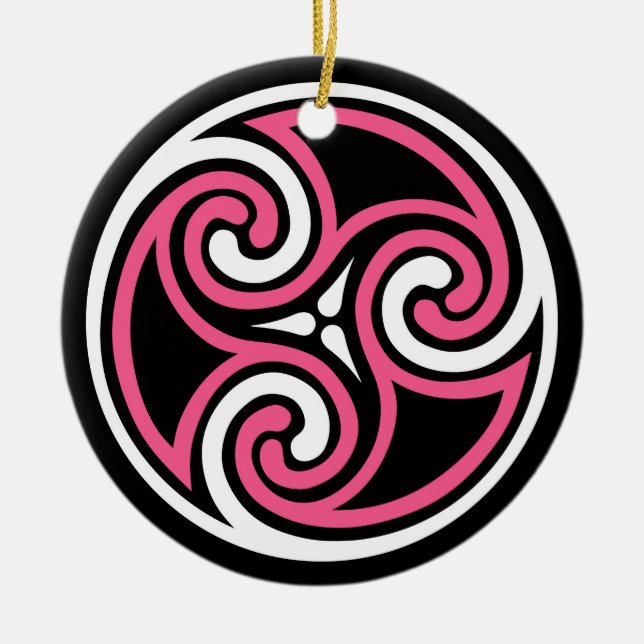 Celtic Triskele Pattern, Fuchsia, Black and White Ceramic Ornament (Front)