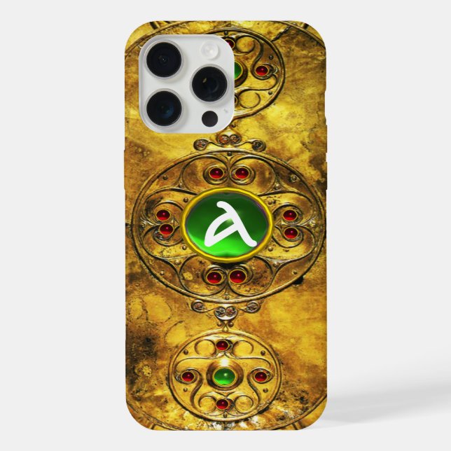 CELTIC WARRIOR SHIELD EMERALD RUBY GEM  MONOGRAM iPhone CASE (Back)