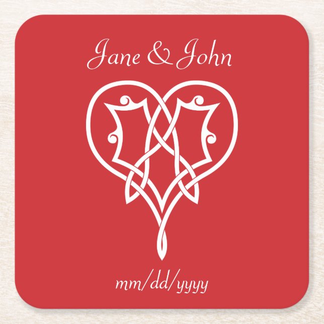 Celtic Weave Hearts in Cherry Paper Coaster (Front)