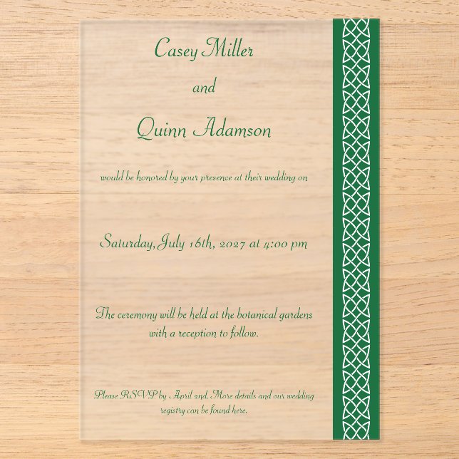 Celtic Weave Hearts in Green Acrylic Wedding  Invitations (Front)