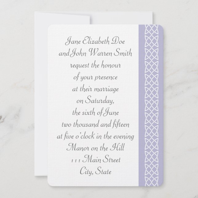 Celtic Weave Hearts in Lavender Wedding Invitation (Front)