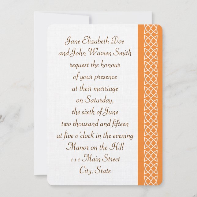 Celtic Weave Hearts in Orange Wedding Invitation (Front)