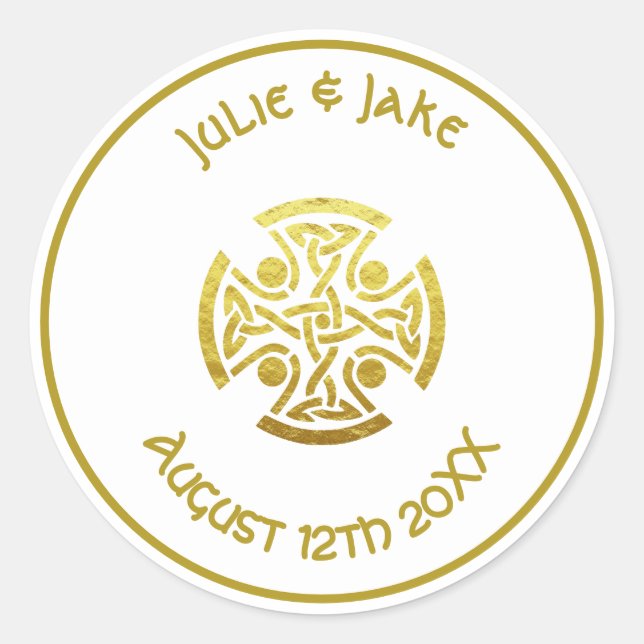 Celtic Wedding Faux Gold Celtic Knot Cross Classic Round Sticker (Front)