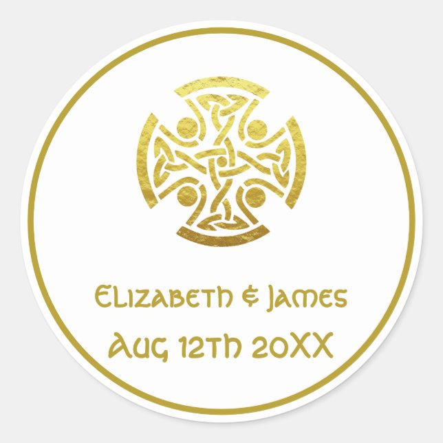 Celtic Wedding Faux Gold Celtic Knot Cross Classic Round Sticker (Front)