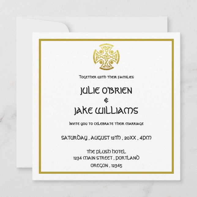 Celtic Wedding Faux Gold Celtic Knot Cross Invitation (Front)