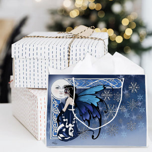 Celtic Winter Moon Fairy Blue Snowflakes Fantasy Large Gift Bag