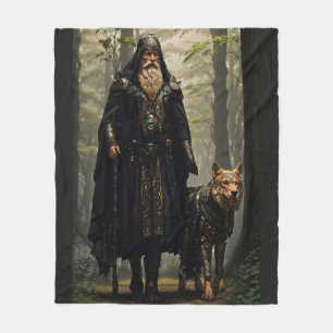 Celtic Wizard and Wolf Fleece Blanket