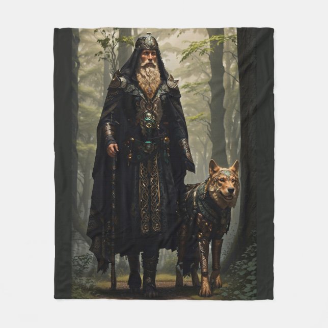 Celtic Wizard and Wolf Fleece Blanket (Front)