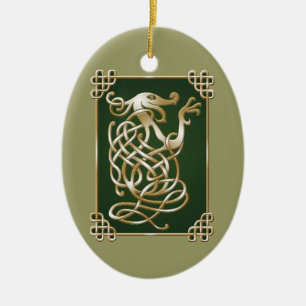 Celtic Wolf - Green Background Ceramic Ornament