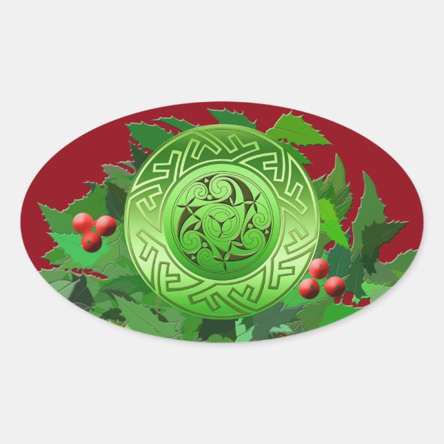 Celtic Yule Spiral with Holly Oval Sticker (Front)