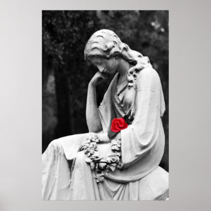 Cemetery Statue B&W with Colour Rose Poster