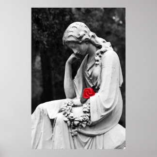 Cemetery Statue B&W with Colour Rose Poster