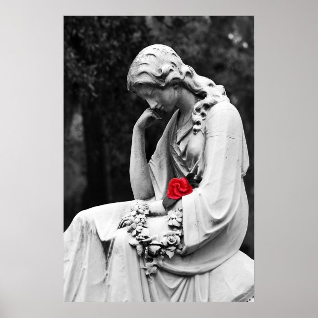 Cemetery Statue B&W with Colour Rose Poster (Front)