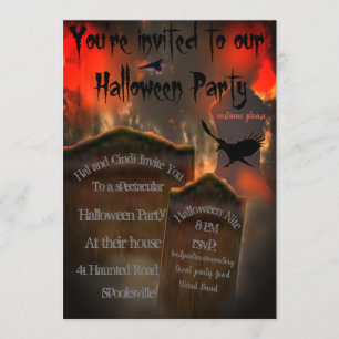 Cemetery Tombstones Blackbird Vulture Misty Spooky Invitation