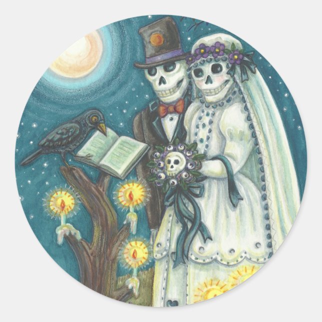 CEMETERY VOWS, SKELETON WEDDING, BRIDE AND GROOM CLASSIC ROUND STICKER (Front)