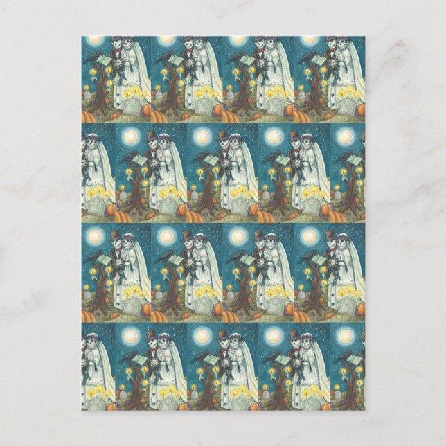 CEMETERY VOWS, SKELETON WEDDING, BRIDE AND GROOM POSTCARD (Front)
