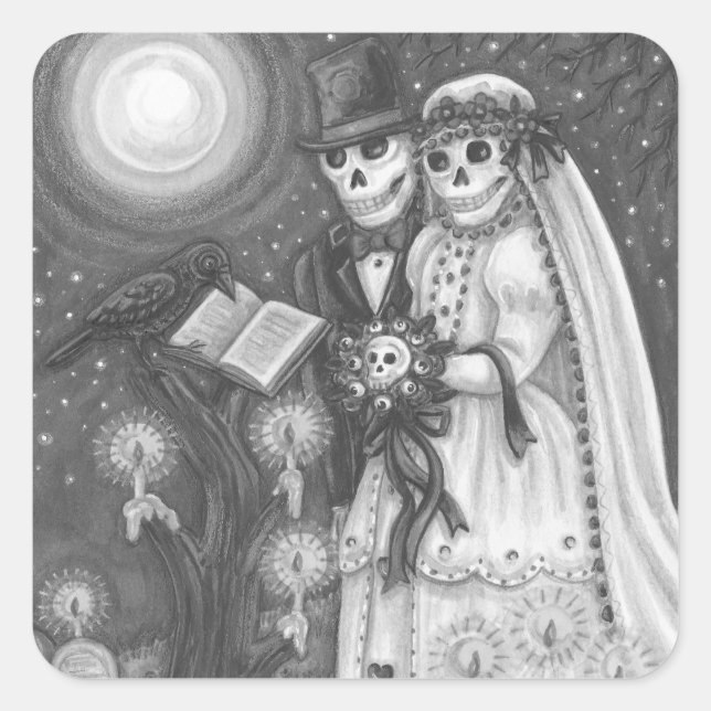 CEMETERY VOWS, SKELETON WEDDING, BRIDE AND GROOM SQUARE STICKER (Front)