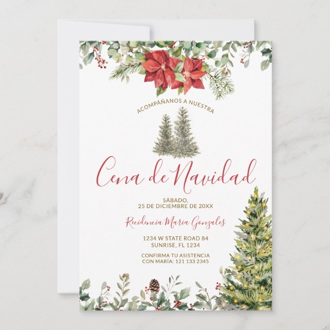 Cena De Navidad Poinsettia Christmas Dinner Party Invitation (Front)