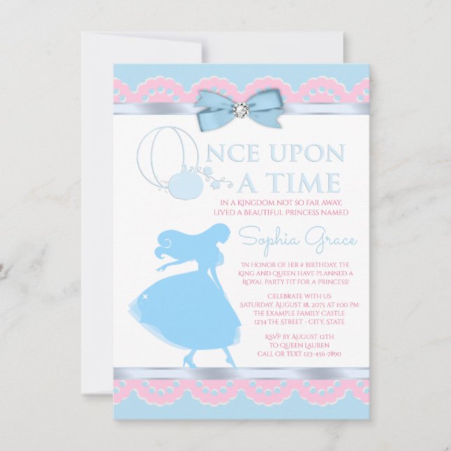 Cendrillon Bleu Rose Invitation de fête d'annivers (Devant)
