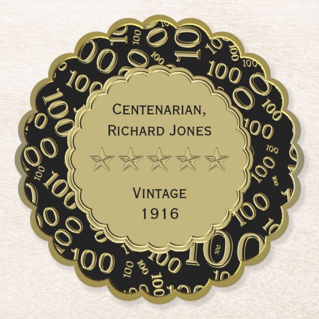 Centenarian 100th Birthday Black and Gold Theme Paper Coaster (Front)