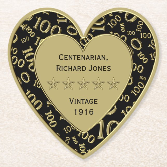 Centenarian 100th Birthday Black and Gold Theme Paper Coaster (Front)