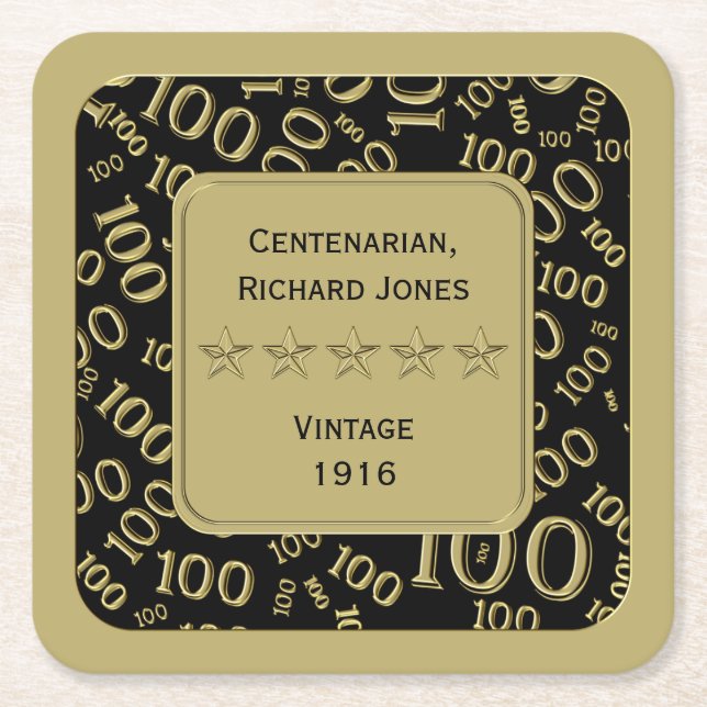Centenarian 100th Birthday Black and Gold Theme Square Paper Coaster (Front)