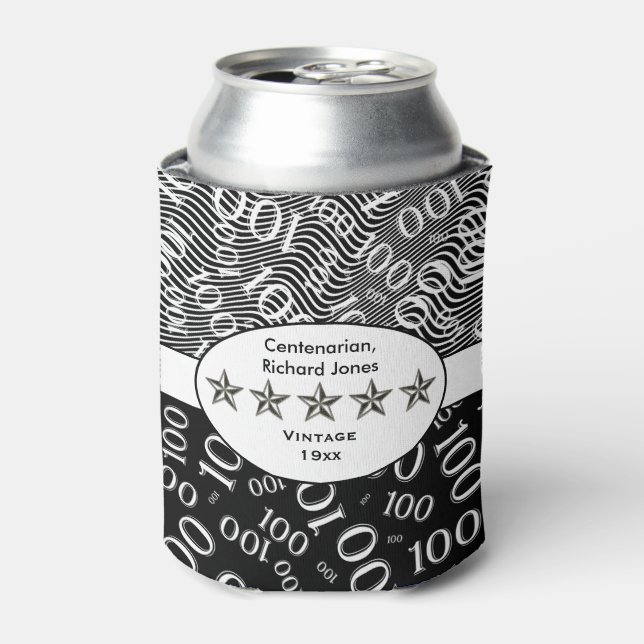 Centenarian, 100th Birthday Black and White Can Cooler (Can Front)